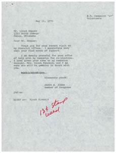 Letter from Congressman James R. Jones to Mr. Lloyd Hopper Regarding Mr. Hopper's Offer of Help for Jones' Re-Election Campaign, 1976-05-03 - 1976-05-11
