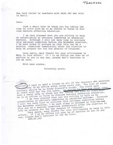 "Mag card letter to teachers whom JRJ met with in April" , 1976-05-18 - 1976-05-24