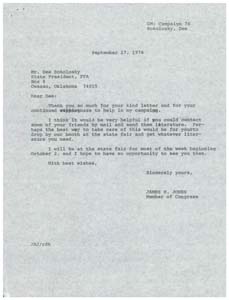 Correspondence between Congressman James R. Jones and Mr. Dee Sokolosky regarding Mr. Sokolosky's willingness to help in the Congressman's upcoming re-election campaign , 1976-09-07 - 1976-09-17