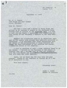 Letter from Congressman James R. Jones to Mr. W. J. Foster regarding an article on a speech made by his campaign opponent (Inhofe) , 1976-09-17