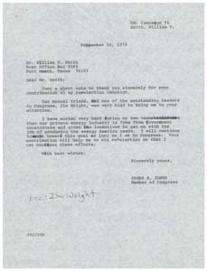 Correspondence between Congressman James R. Jones and Mr. William T. Smith regarding a contribution Mr. Smith made to the Congressman's re-election campaign , 1976-09-10 - 1976-09-16