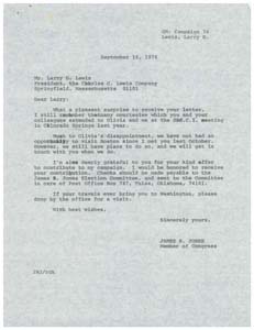 Correspondence between Congressman James R. Jones and Mr. Larry D. Lewis regarding Mr. Lewis' offer to contribute to the Congressman's upcoming re-election campaign , 1976-09-10 - 1976-09-16