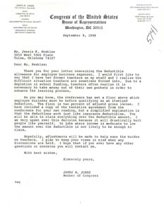 Correspondence between Congressman James R. Jones and Jessie K. Peebles regarding deductible allowances for employee business expenses, August 25, 1986 - September 9, 1986 