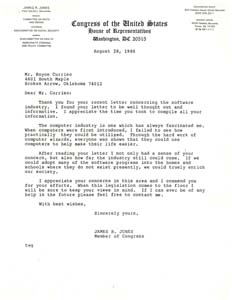 Correspondence between Congressman James R. Jones and Royce Currieo Regarding Legislation, August 13, 1986 - August 28, 1986