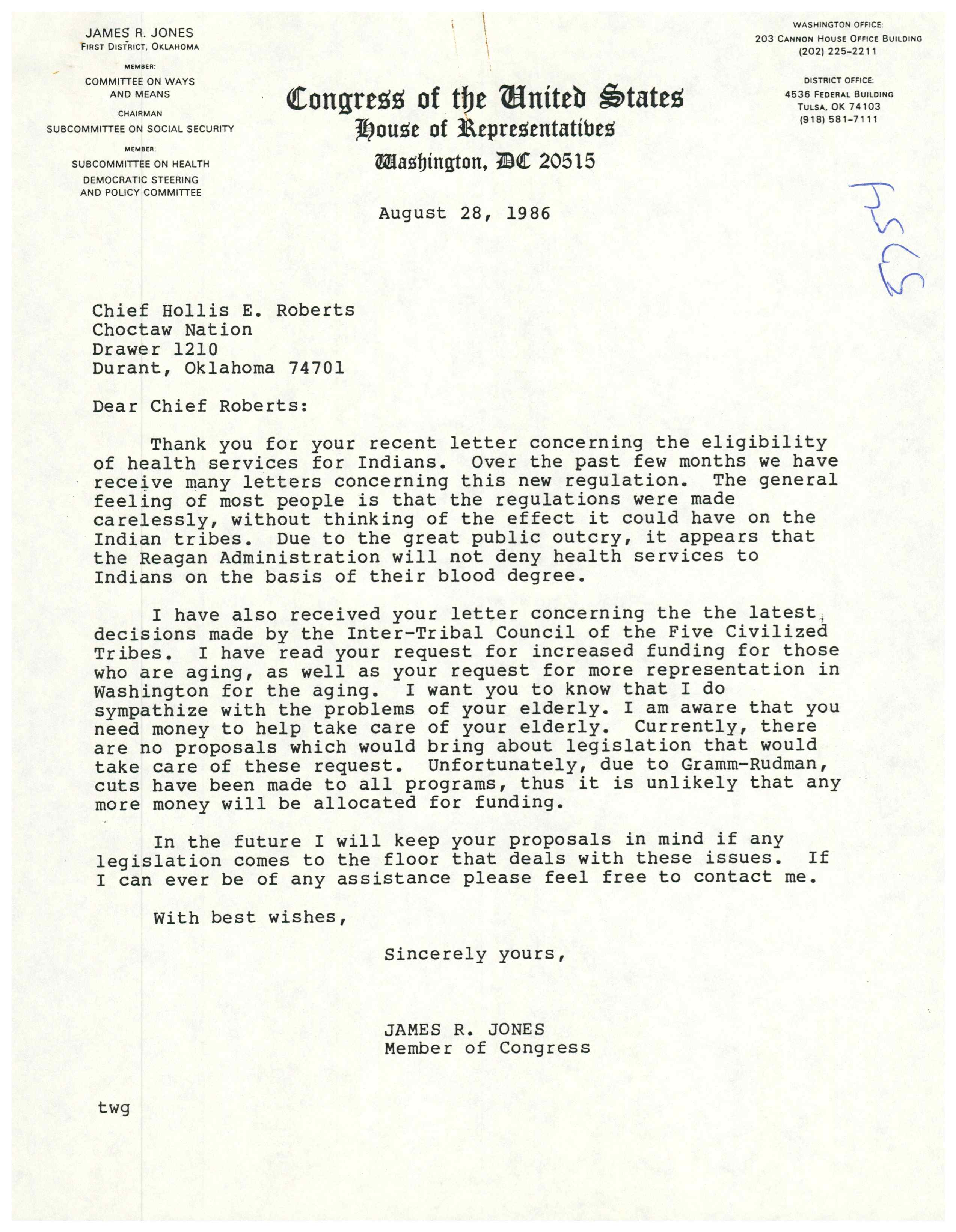 Correspondence from Congressman James R. Jones to the leaders of the Inter-Tribal Council of the Five Civilized Tribes Regarding Health Service Eligibility, July 11, 1986 - August 28, 1986