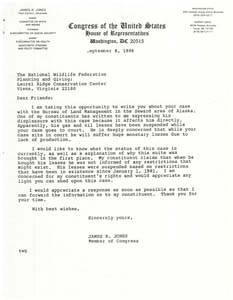 Correspondence from Congressman James R. Jones to The National Wildlife Foundation regarding the concerns of a constituent, August 6, 1986 - September 8, 1986