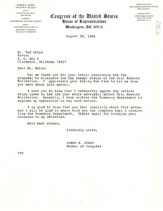 Correspondence from Congressman James R. Jones to Ted Estes Regarding an IRS Proposal, August 28, 1986