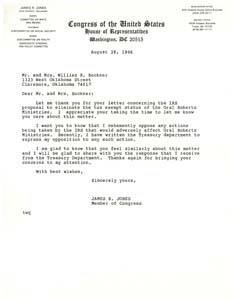 Correspondence from Congressman James R. Jones to the Buckners Regarding an IRS Proposal , August 28, 1986