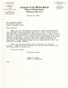 Correspondence from Congressman James R. Jones to Rosaleen Buthod Regarding Her Concerns over Defense Policies, August 28, 198