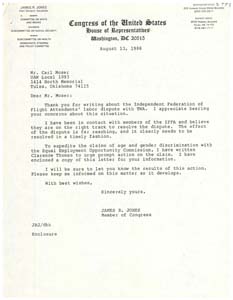 Correspondence from Congressman James R. Jones to Carl Moser Regarding the Independent Federation of Flight Attendants' Labor Dispute with TWA, July 30, 1986 - August 13, 1986