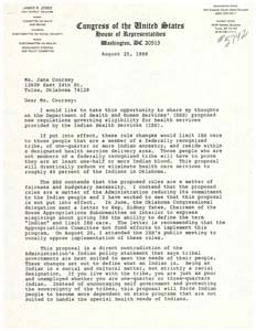 Correspondence between Congressman James R. Jones and Jane Coursey Regarding Proposed Indian Health Services Regulations , August 12, 1986 - August 25, 1986
