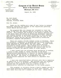 Correspondence between Congressman James R. Jones and Bill Brown Regarding Indian Health Services Regulations, 1986-08-18 - 1986-08-25