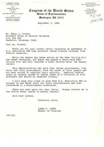 Correspondence between Congressman James R. Jones and Edgar L. French Regarding an Amendment to H.R. Resolution 668, August 13, 1986 - September 3, 1986