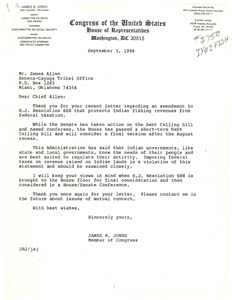 Correspondence between Congressman James R. Jones and the Chief James Allen Regarding Federal Taxation of Native American Fishing Revenues, August 13, 1986 - September 3, 1986