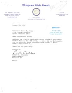 Correspondence between Congressman James R. Jones, Oklahoma State Senator Robert V. Cullison, and Beryl McCoy Regarding the Humane Product Testing Act (H.R. 1877), August 18, 1986 - September 3, 1986