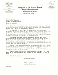Correspondence between Congressman James R. Jones and Ed Becton Regarding the Federal Aviation Administration, August 26, 1986