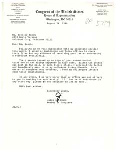 Correspondence between Congressman James R. Jones and Beverly Busch Regarding Missing Correspondence, August 15, 1986 - August 26, 1986