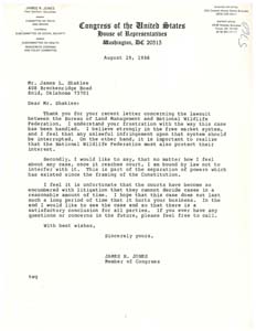 Correspondence between Congressman James R. Jones and James L. Shaklee Regarding a National Wildlife Federation Lawsuit, 1986-06-11 - 1986-08-29