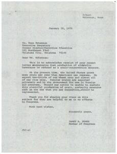 Correspondence between The Executive Secretary of Sooner Alcohol, 1975-01-22