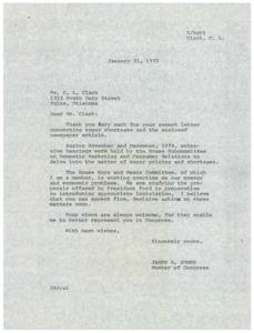 ["Correspondence between Tulsa, OK resident and constituent of Congressman James R. Jones, Mr. C. L. Clark, and Congressman James R. Jones regarding sugar shortages"]