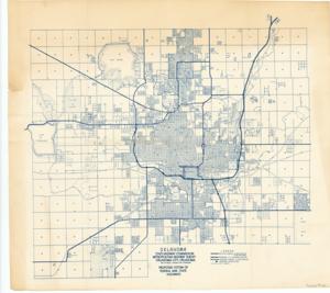 ["Create a concise and logical summary: This map, prepared by Guy B. Treat for the Oklahoma State Highway Commission's Metropolitan Highway Survey in Oklahoma City, Oklahoma, illustrates proposed plans for the Oklahoma City Metro area.  Dimensions: Not specified."]