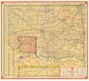["Create a concise and logical summary using the title Road map by Shell Corporation and the text A portion of Western Oklahoma, including the Wichita Wildlife Refuge, is marked.  Summary: Shell Corporation's road map highlights a section of Western Oklahoma, including the Wichita Wildlife Refuge.  Dimensions: 5.3 x 4 (based on ID inference)."]