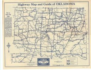 ["Create a concise and logical summary: This road map, produced by Mid-West Map Company, illustrates existing and planned roads, with a back stamp reading Compliments of Hotel Severs, Muskogee, Oklahoma. Dimensions: Not specified."]