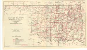 ["Transportation map by State of Oklahoma, Department of Highways: This document presents a transportation map created by the Oklahoma Department of Highways, highlighting improvements to the state highway system. It is distinct from related records on Post Office and Post Roads, Public Works/RFC/Highways, and a letter by W.J. Milburn.  Dimensions: Not specified."]