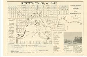 ["Create a concise and logical summary using the title from the TITLE column and the text in the summary. This tourist map, produced by the Sulphur Chamber of Commerce and Sulphur Times-Democrat, illustrates the city layout of Sulphur, highlighting key locations such as businesses, parks, and hotels. Dimensions: Not specified."]
