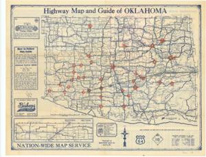 ["Road map by Mid-West Map Co.: This map illustrates the condition and improvements of the state highway system, with larger towns circled in red and a line extending from Lawton to Fort Smith, along with arithmetic annotations. It is associated with the 72nd Congress, Folder: Depression.  Dimensions: Not specified."]