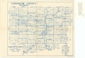 ["Land use map by Gallup Map and Supply Company: This map, accompanied by a separation note, features two maps detailing artesian wells in Comanche County, with red circles indicating well locations. It was originally part of a report and removed from Subject files on Indian Affairs and Education at Ft. Sill Indian School. Dimensions: 17 x 22."]