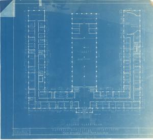 ["Blueprint by G.M. Drew and Private D.A. Hawkins: This document consists of 4 sheets measuring 33 x 34, including a page of notes and datum. Annotations on the first page note that all sinks shown are acid-resistant, provided by Alberine Stone Co., New York City.  Dimensions: 33 x 34"]