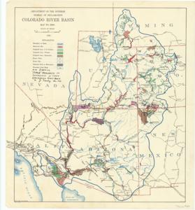 ["Create a concise and logical summary using the title from the TITLE column (CAC_CC_053_4_0000_1_37) and the text in the summary: This map, produced by the Department of the Interior's Bureau of Reclamation, illustrates the Colorado River Basin boundary, reservoir sites, public and private irrigated areas, power plants, National Parks and Monuments, and Turle Projects. It was removed from Publication Files- Indians. Dimensions: 20 x 22."]
