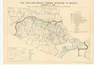 ["Coverage map by the U.S. Department of Agriculture: This map illustrates quarantine lines, animal vaccination lines, work areas, vaccine production and testing laboratories, and packing plant locations in Mexico, including depictions of Mexican states. It was sourced from the 81st Congress's Subcommittee to Investigate Foot-and-Mouth Disease.  Dimensions: 14 x 20"]
