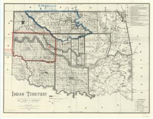 ["Historical Map by the Land Division, Indian Bureau: This 1889 map, compiled by Hon. John H. Oberly, Commissioner of Indian Affairs, and later reprinted, is annotated to highlight Cheyenne-Arapahoe lands. It was removed from 81st Congress legislative documents related to Fort Reno Military Reservations and their return to the Cheyenne-Arapahoe. Dimensions: 25 x 33."]