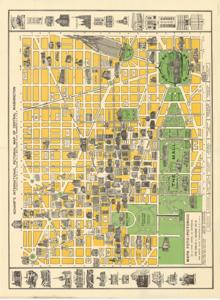 ["Tourist map by Emilio L. Scharf, titled Mapa Foto Pistorio de la Parte Central de Washington, depicting central Washington D.C. landmarks with pictures and English/Spanish captions. Dimensions: 28 3/8 x 38 3/4."]
