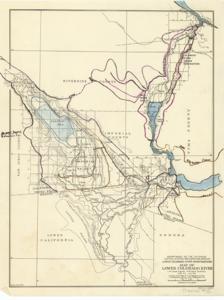 ["Create a concise and logical summary using the title from the TITLE column and the text in the summary.  This geological map, produced by the U.S. Department of the Interior, Bureau of Reclamation, includes a handwritten annotation reading 50 Gori. [ink smeared] Tunnel to Henshaw Res. Dimensions: 10 1/2 x 14."]
