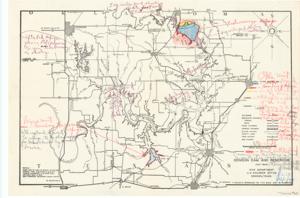 ["Coverage Map by the War Department, U.S. Engineer Office, Denison, Texas: This map depicts railroads, highways, and county lines, with a handwritten legend illustrating refuges, old highways, water areas, and state units; wildlife refuges are hand-drawn. Dimensions: 14 x 21 3/4."]