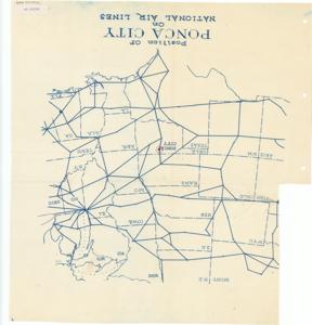 ["Coverage map featuring Ponca City circled in red, with a separation sheet titled Exhibit F in Prospectus: U.S. Navy Hospital at Ponca City, Oklahoma. This item was removed from the Thomas (Elmer) Collection, specifically Outsized Materials for Projects: Ponca City (1943).  Dimensions: 17 3/8 x 18 5/8"]
