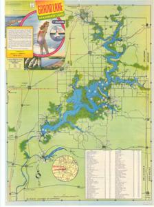 ["Tourist Map by the Chamber of Commerce, Pryor, Oklahoma: This map highlights local businesses, roads, highways, and airports in the Grand Lake Area. Dimensions: 19 3/4 x 27."]