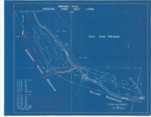 ["Create a concise and logical summary using the title from the TITLE column (CAC_CC_053_4_0000_1_88) and the text in the summary.  Summary: Two blueprints created by W. C. Burnham illustrate the yardage distances between the Government Military Reservation and the golf plan.  Dimensions of the map: Not specified."]
