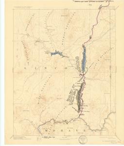 ["Geological map by the U.S. Geological and Power surveys, featuring handwritten annotations of reservoirs and fault lines in the Nevada-Arizona area, specifically St. Thomas. Dimensions: 16 1/2 x 20"]