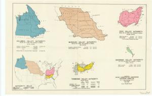 ["R.J. Tipton's Chart Map depicts the area and population of regions under specific authorities, including the Columbia Valley Authority, Missouri Valley Authority, Ohio Valley Authority, and Tennessee Valley Authority. This is the second map in a series of three.  Dimensions: Not specified in the provided data."]