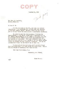 ["Thoms is pleased with the progress at the local Indian school but believes there is more work to be done. He suggests that the Superintendent of the school make a recommendation to the Agency at Anadarko, which can then be forwarded to Washington for approval. Thoms assures Campbell that he will do his best to help with the additional building program. He also expresses relief that Campbell has had rain and asks to be kept updated on conditions."]