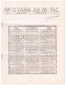 ["The text is a calendar for the year 1936, listing the months and dates. It also includes a map of the Buckeye Reservation with various Papago villages and boundaries indicated. The text was published in Sells, Arizona in January 1936."]