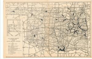["Create a concise and logical summary using the title from the TITLE column and the text in the summary. The title is Road map by State of Oklahoma, Department of Highway, which depicts the conditions and improvements of the state highway system, with bodies of water marked in black ink. Dimensions: Not provided."]