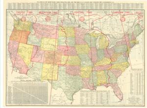 ["Create a concise and logical summary: This is a national map produced by Rand McNally and Company, featuring time zones and additional details on the reverse side about Washington, D.C., the presidential cabinet, and various historical information. It is archived in Resources > Box 3 > Folder 19 > Campaign > 1924.  Dimensions: Not specified."]