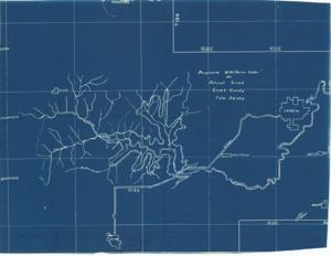 ["The blueprint for the Proposed Wild Horse Lake on Polecat Creek, Creek County, provides a detailed map of the area.  Dimensions: 19 1/4 x 14 3/4"]