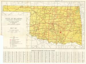 ["This map, titled Map Showing Condition of Improvement of the State Highway System and produced by the Oklahoma Department of Highways, features colored pictures. Dimensions: 27 x 20."]