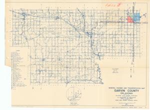["The General Highway and Transportation Map of Garvin County, Oklahoma, produced by the Oklahoma State Highway Department, features blue ink on white paper. Dimensions: 22 1/2 x 18."]